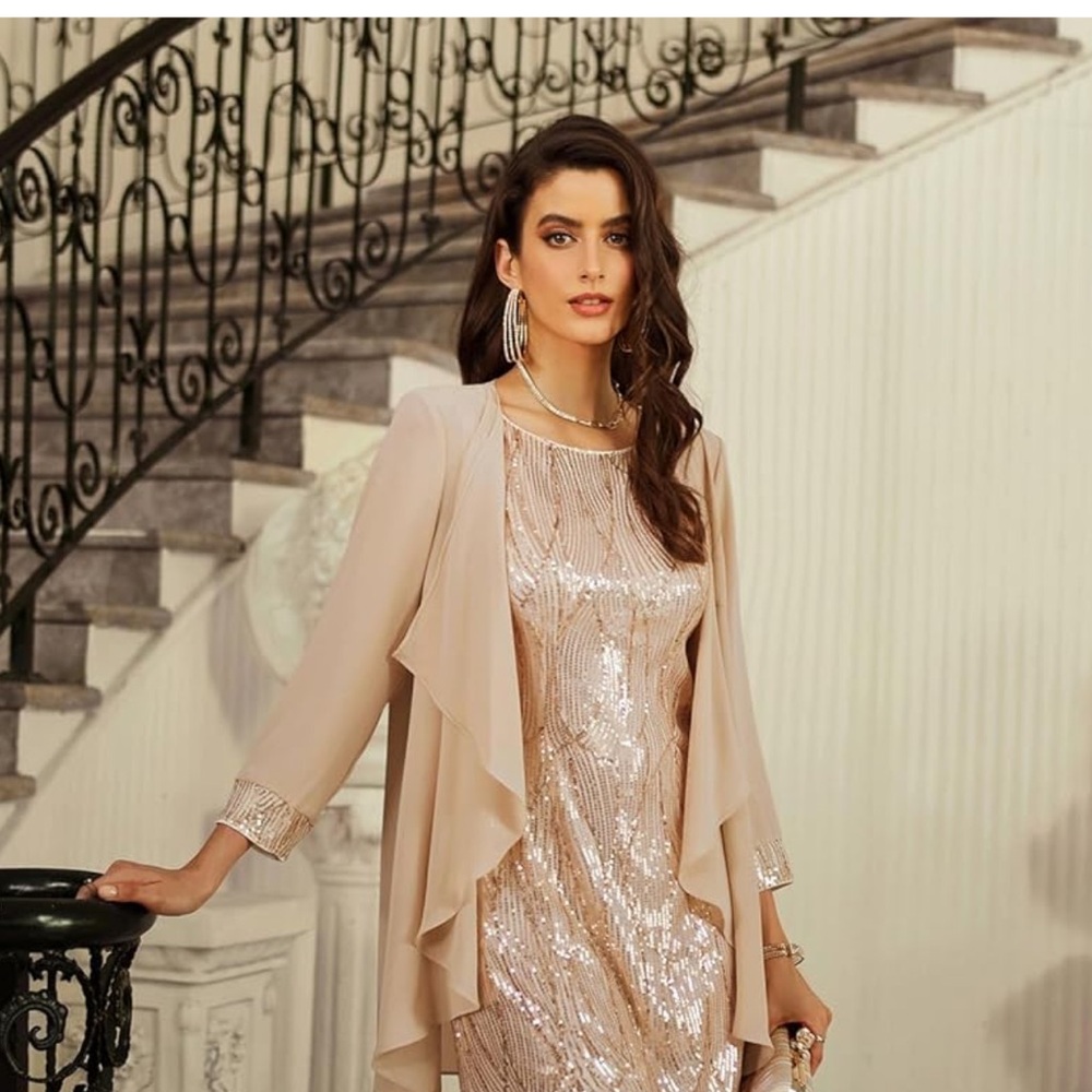 NWT GRACE KARIN Rose Gold Sequin Formal Dress w/Matching Shawl Shrug, Size 2X